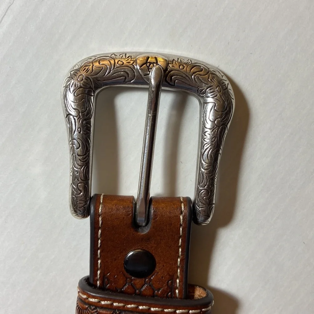 Ariat Brown Leather Boys Western Belt Tapestry Strap Inlay Silvertone Medallion